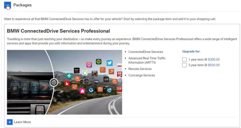 Een screenshot van BMW's Canadese abonnementssite toont tekst op een witte achtergrond met een afbeelding van de dashboardconsole van de auto.
