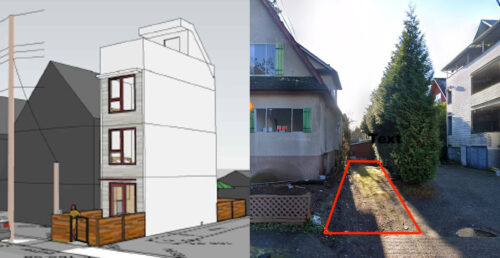 Een huis met 3 verdiepingen dat moet worden gebouwd op een klein stuk grond in de eengezinsbuurt van Vancouver