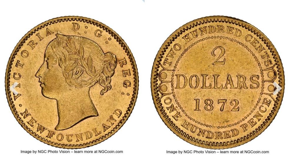 1872 Newfoundland twee dollar munt